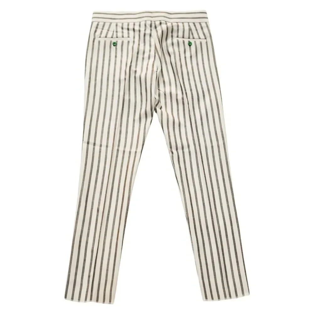 Mens Gurkha Pants 36 Cream Brown Striped Flat Front Slim Fit Cotton Trousers